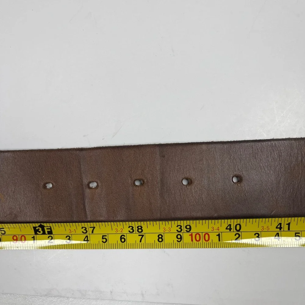 Vintage Handmade Leather Belt Mens 38 Brown Brass Square Buckle Full Grain